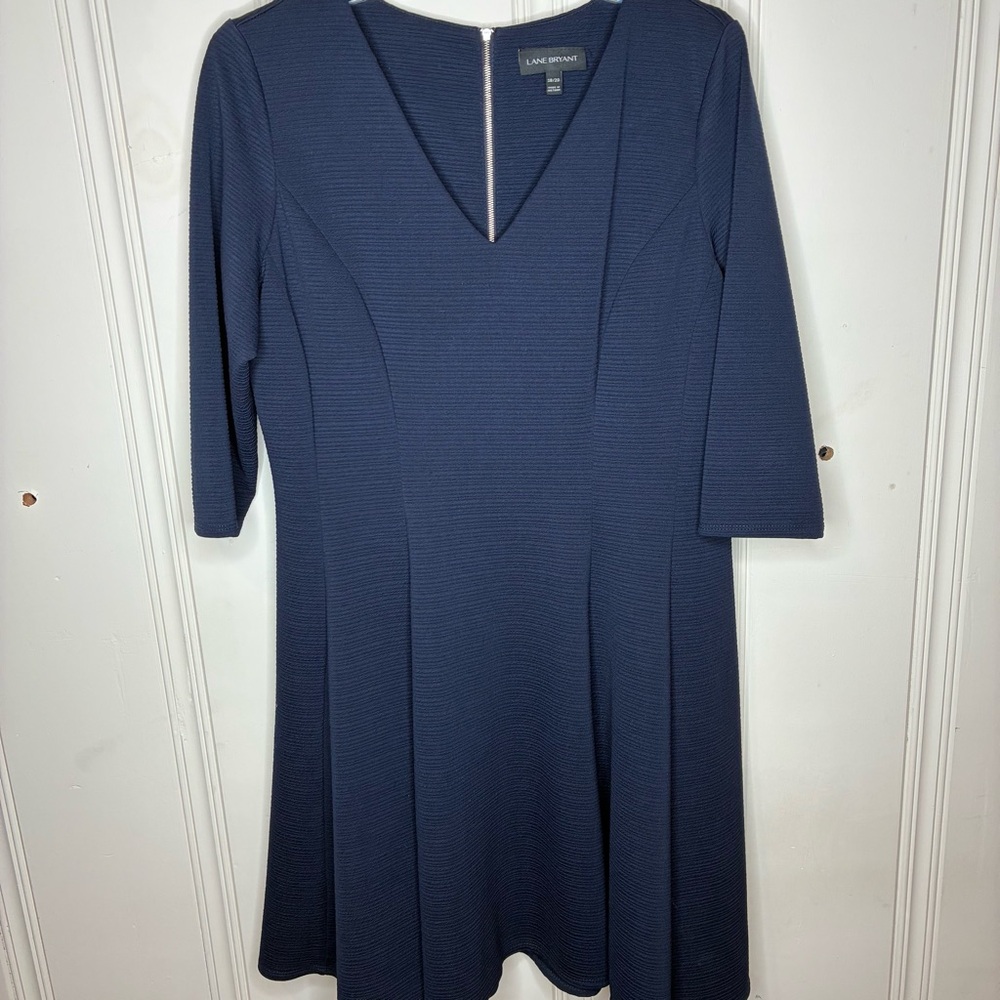 Navy Blue Dress Flattering Shapely Midi Sz 18/20 Career Lane Bryant 3/4 Sleeves